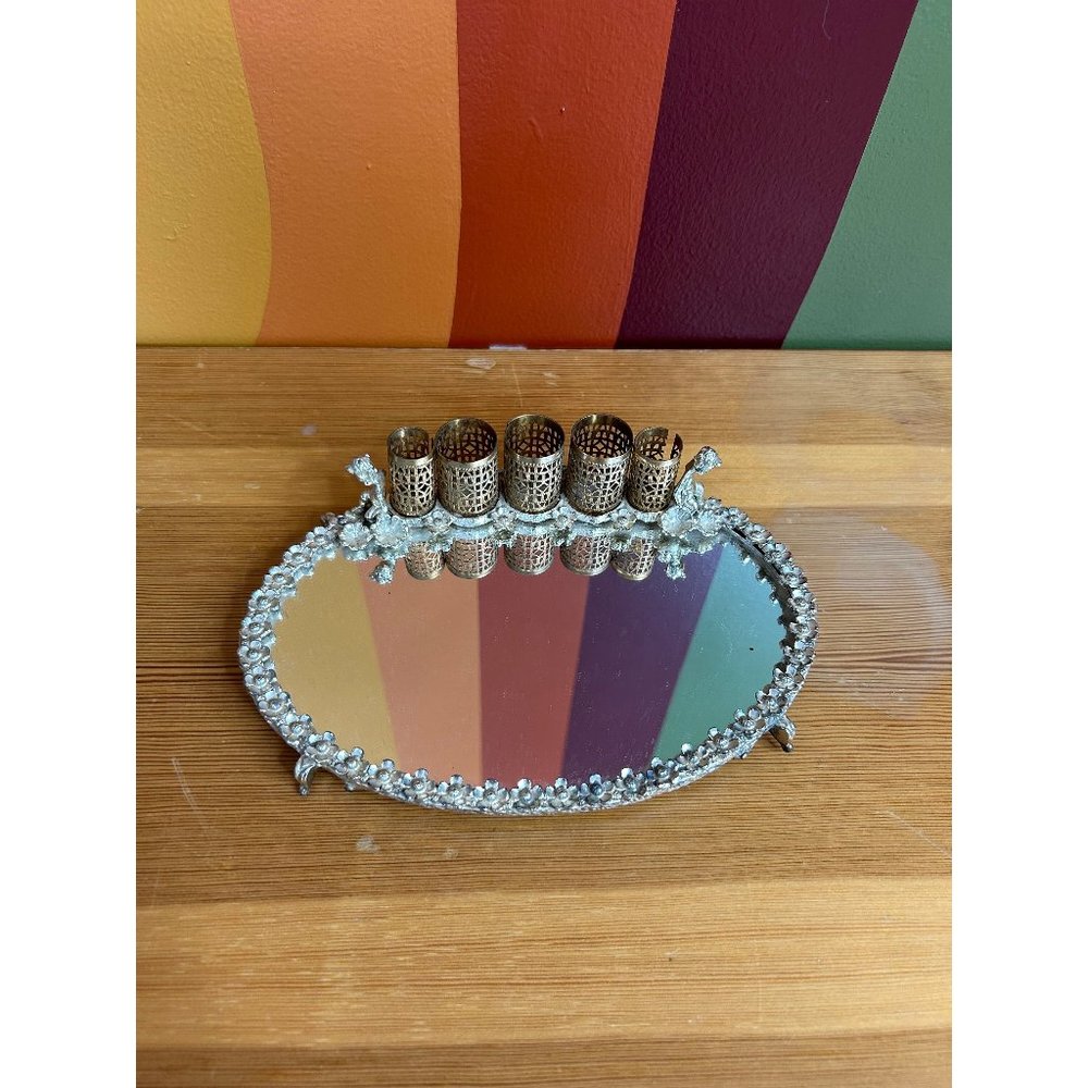 Vintage lipstick holder Hollywood regency dresser mirror filigree cherub 1950s